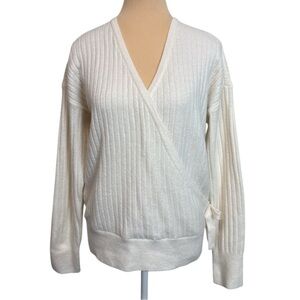 LOFT Cream Ribbed V-Neck Wrap Sweater Size Medium Ballet Style Knit Soft Ivory
